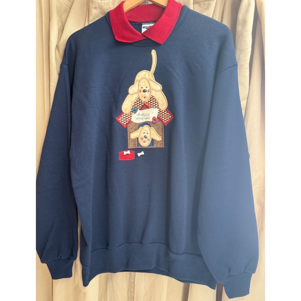 Vintage Jerzees Navy Blue Dog House Sweatshirt Red Collar Made in USA Large